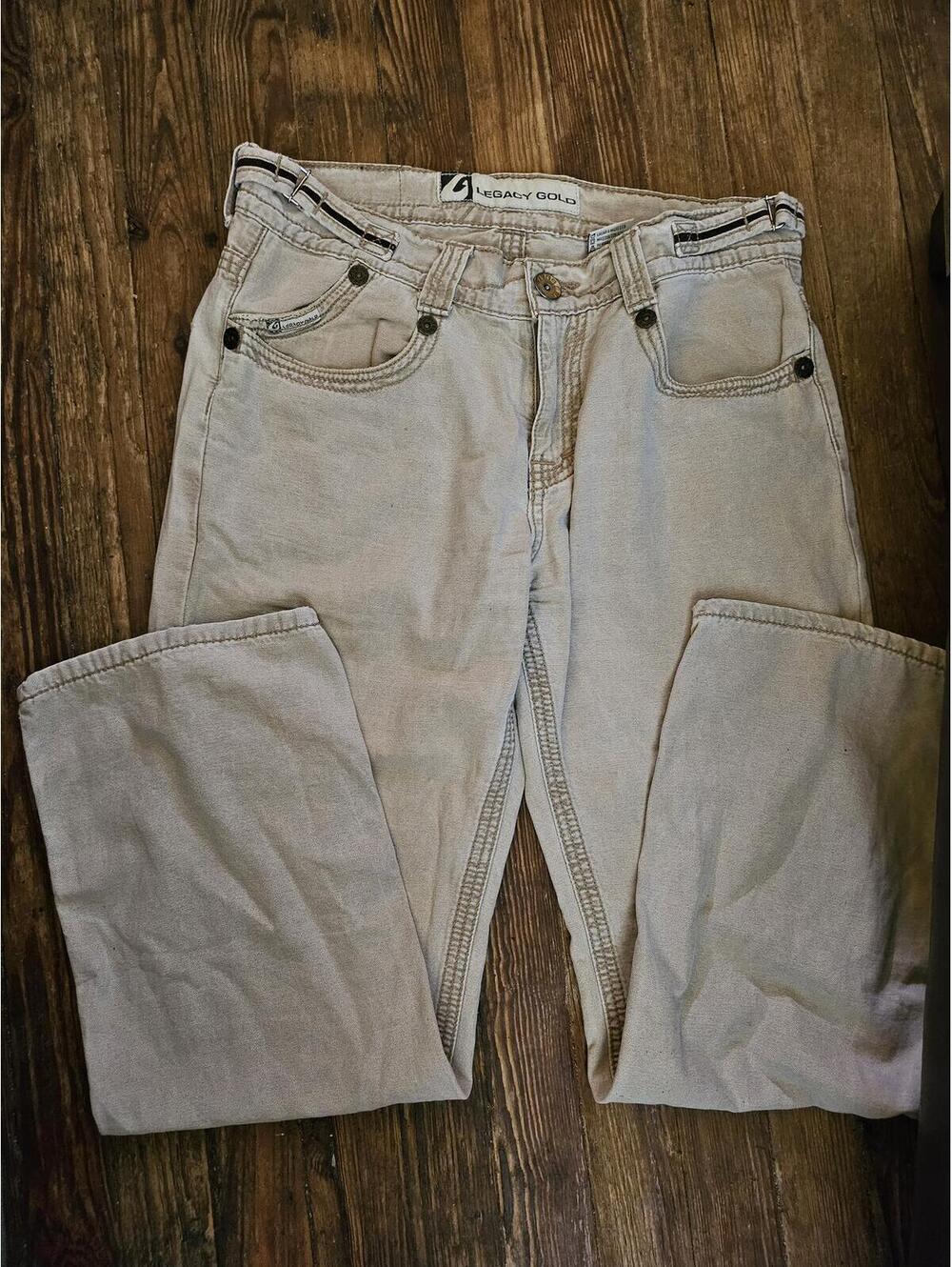 Legacy Gold Jeans Mens Size 32 Khaki Straight Leg Distressed Pockets - EUC